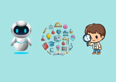 Friendly AI robot and kid scientist illustration representing AI learning