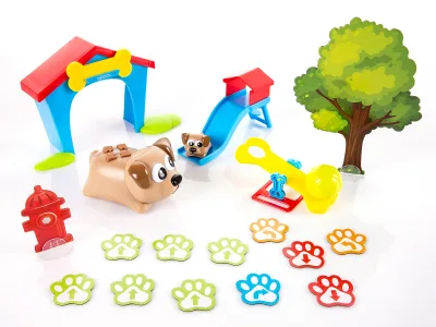 Coding Critters robot dog toy with directional paw print cards