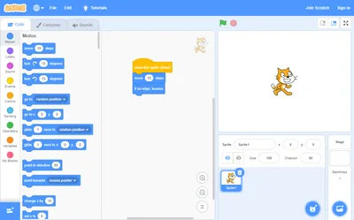Scratch programming interface showing block code and the Scratch cat